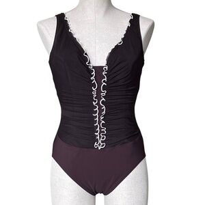 Profile By Gottex Brown One-Piece Swimsuit With Center Mesh Ruching Size 12 NWT